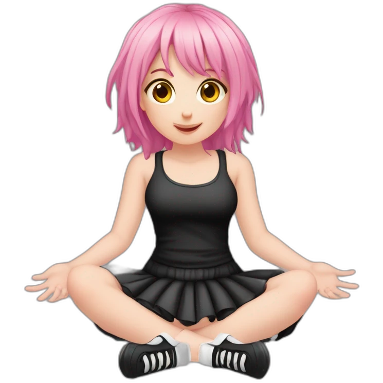 Full body Front view curvy emo girl pink hair sits on the floor straight view hands up black skirt белые трусики полосатые рваные чулки emoji