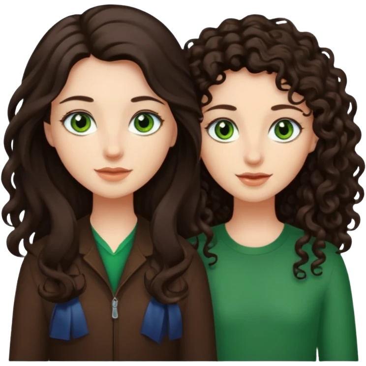 Two besties: 1: long fully straight darkbrown hair, green eyes 2: long curly darkbrown hair emoji