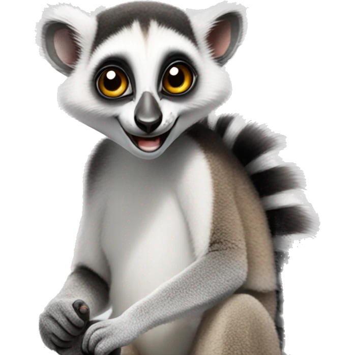 A smart lemur sits sideways, looks at us, shows a thumbs up on its upper paw and smiles emoji