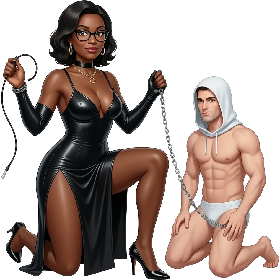 femme africaine dominatrice tres mince et tres  noire visage 50 ans fin lunettes debout robe decolletee profond fluide fendue  une jambe nue passant dans la fente fouet souple dans la main chaine dans la main droite droite talons aiguilles debout a genoux  homme blanc nu a genoux cagoule  t emoji