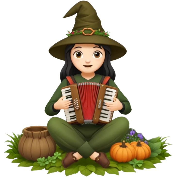 cozy woodland witch woman playing small accordion, surrounded by herbs emoji