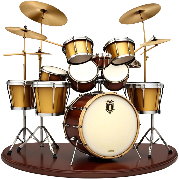 Create a professional, emblem-like emoji representing percussion instruments, including both traditional and folk drums. Feature a snare drum, bass drum, timpani, cymbals, marimba, tambourine, djembe, bongos, cajón, triangle, castanets, and ratchets in a balanced, heraldic composition. Crossed drumsticks at the center symbolize rhythm, while a ribbon of musical notes weaves around the instruments. Use rich gold, mahogany, and silver tones with polished highlights. Add laurel wreaths and subtle engravings for a grand, festive feel. The design should be harmonious, visually complete, and on a transparent background. emoji
