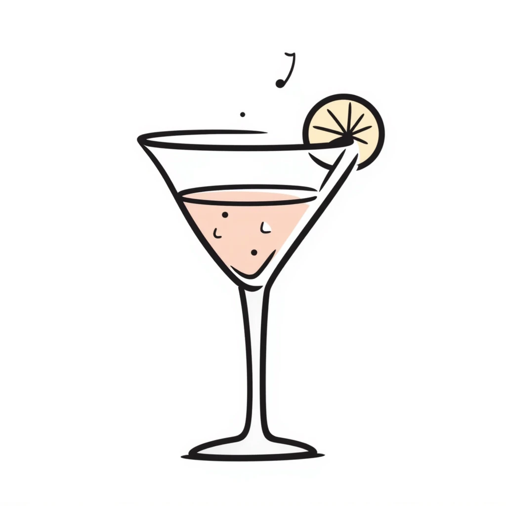 A fancy cocktail glass with decorative garnish in pastel colors (dd9fb0, ffc6d3, a3bfc9, c4bee2, f1b091), hand-drawn doodle style emoji