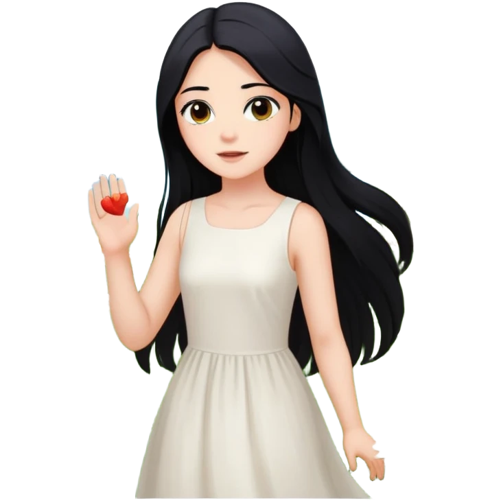 crea un chica blanca con cabello negro largo bonita de ojos marrones vestida de blanco conectando con la naturaleza rodeada de flores  emoji