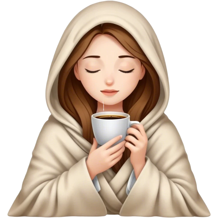 Beautiful girl inside a blanket sipping coffee eyes closed emoji