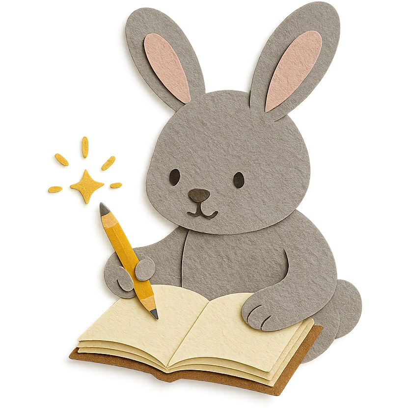highly detailed, high quality paper craft style illustration of a gray bunny writing in a notebook with a spark of light, intricate textures, soft lighting, delicate cut-paper details emoji