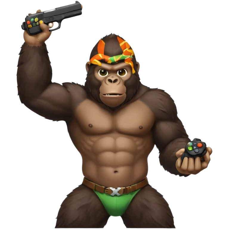 A gorilla holding a gun in the air with a Xbox controller  emoji