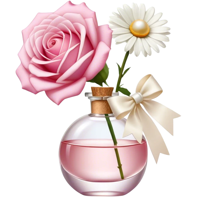 a beautiful aesthetic single rose in white and pink with an ivory bow and a pearl white perfume bottle with a white daisy on the cork emoji