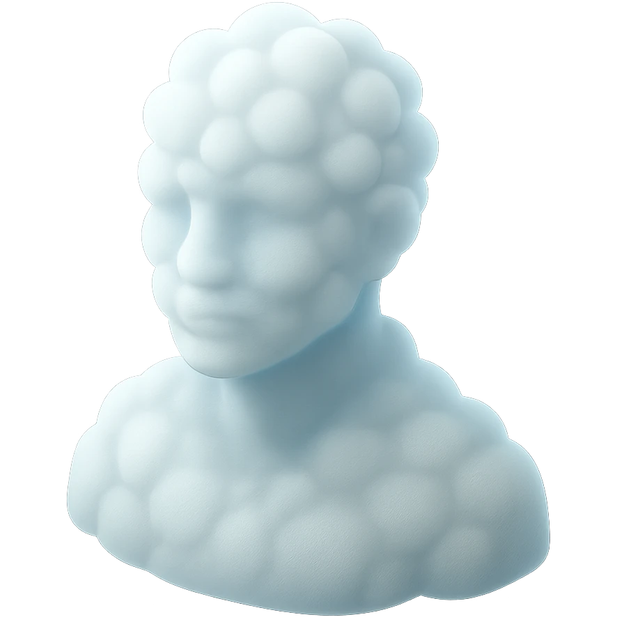 person looking straight, made entirely of white fluffy convex clouds, shoulder up, matte glass style, no background emoji