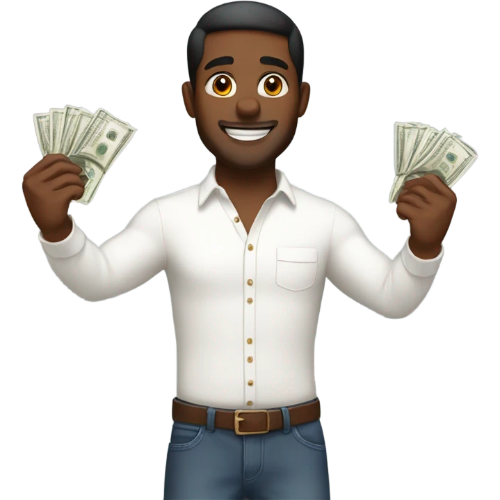 Guy with brown skin in white long sleeve wins money in his raised hands emoji