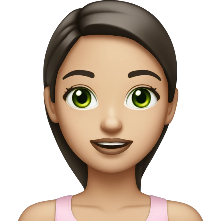 beautiful girl with high cheek bones, long straight shiny dark brown hair, big green eyes and big pale pink lips. Wearing a cream tank top emoji