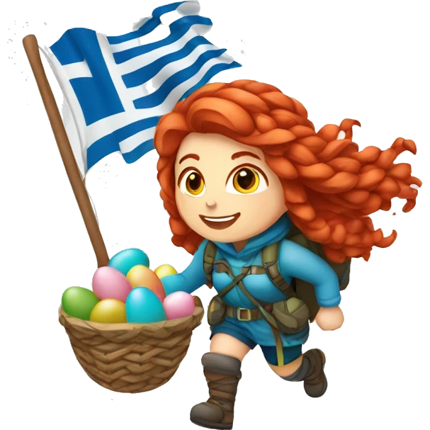 Female winter mountaineer red hair white skin climbing with Greek Flag and Easter eggs basket emoji