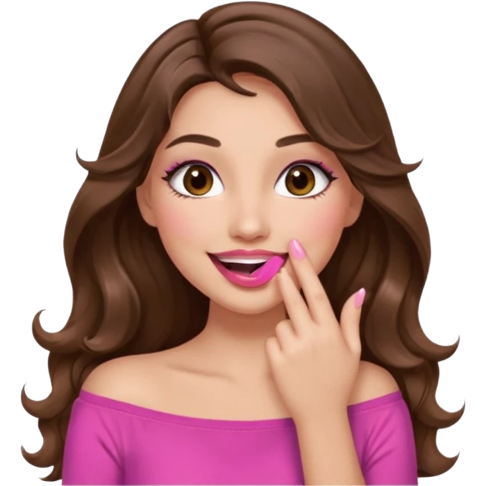girl with long wavy brown hair, brown eyes, long lashes makeup, sexy pink lips, light to medium complexion, pink sexy top, sexy, gigling hand covering mouth emoji