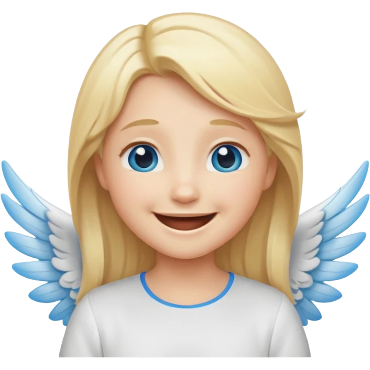 angel emoji blonde hair, blue eyes and smiling, larger wings with darker outline on them and bigger smile and more smiley eyes laughing emoji