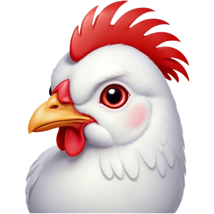 Cinematic Cute White Chicken Portrait Emoji, Head tilted playfully and inquisitively, featuring smooth, immaculate white feathers and a delicate red comb, round, sparkling beady eyes filled with curiosity, Simplified yet irresistibly adorable features, highly detailed, glowing with a warm, friendly glow, high shine, affectionate and lively, stylized with a touch of farmyard whimsy, bright and endearing, soft glowing outline, capturing the essence of a mischievous yet loving chicken, so playful it feels like it could peck out of the screen and into your arms! emoji