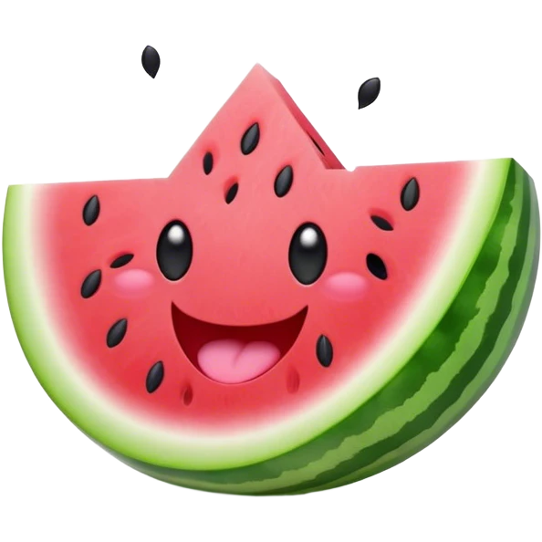 Cute Kawaii Watermelon Slice, juicy and vibrant, soft pastel green rind with pink flesh, tiny black seeds shaped like hearts, an adorable happy face with cute round eyes, bursting with summer energy! emoji