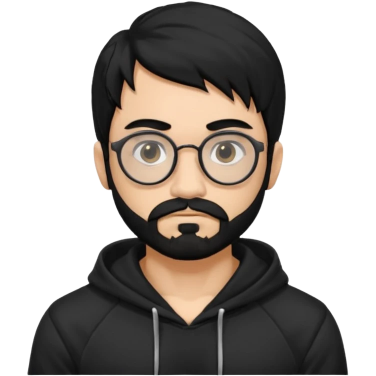 Man, hispanic skin, black hair, black beard, black mustache black eyes black t hoodie, small nose, long emo hair, muscular , round glasses emoji
