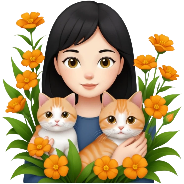 A black-haired girl happily holds a Ginger British Shorthair Cat in the flowers emoji