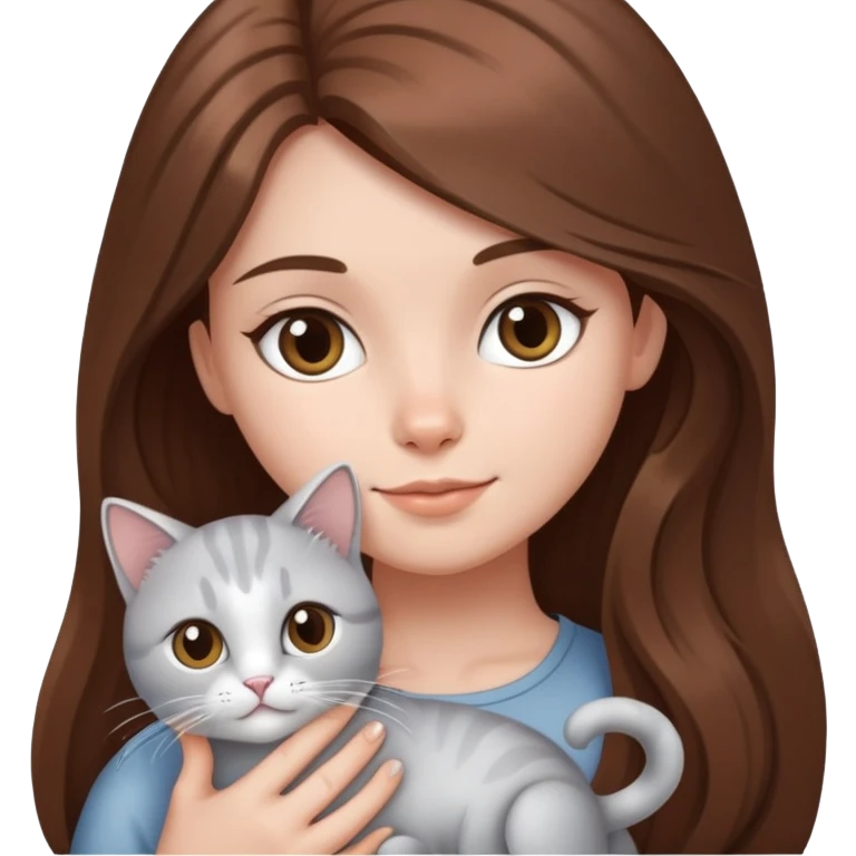 A girl with long brown hair holding a silver-colored cat emoji