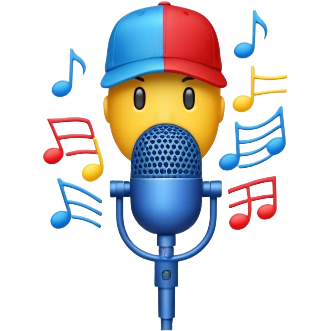 Create a dynamic and energetic emoji that represents beatboxing. The design should feature a microphone with a singing mouth and soundwaves or rhythmic beats emanating from it, symbolizing the vocal percussion and rhythm of beatboxing. Add a cap placed on top of the microphone to reflect street culture and the individuality of the performer. Include musical notes floating around to emphasize the musicality. Use bold, vibrant colors like neon blue, red, and yellow to convey energy and excitement. The background should be transparent. emoji
