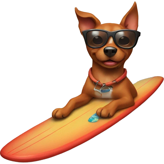 Red/ brown dog with sunglasses riding a surfboard with fish  emoji