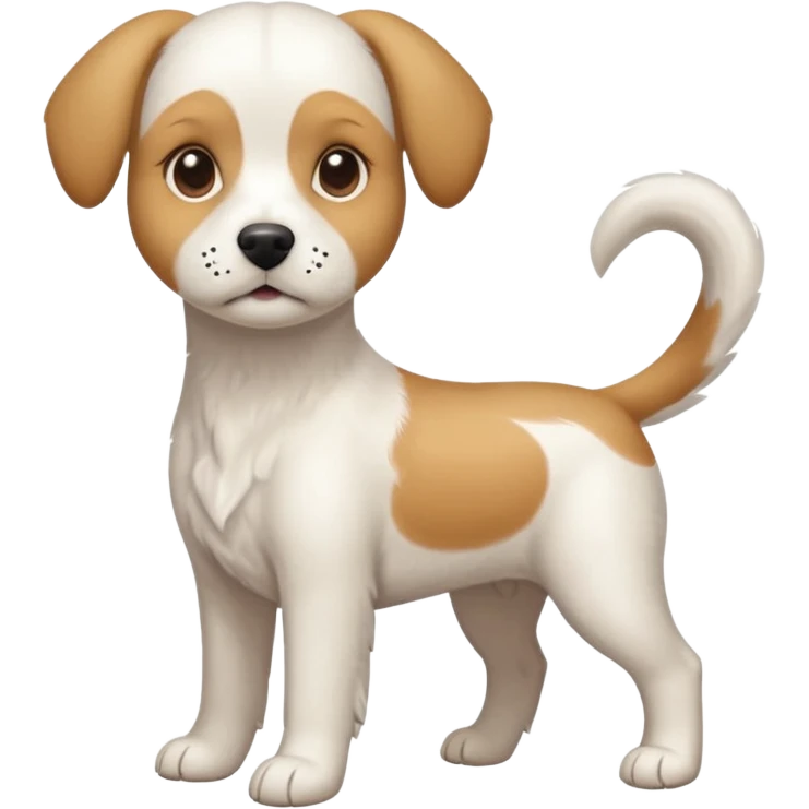a full body white beagle x maltese x chi dog the size of a kelpie with light brown ears and a light brown patch on one eye emoji