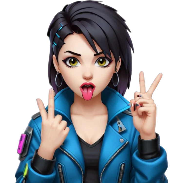 Woman with her tongue out in cyberpunk clothing and giving the middle finger. Looking naughty. emoji