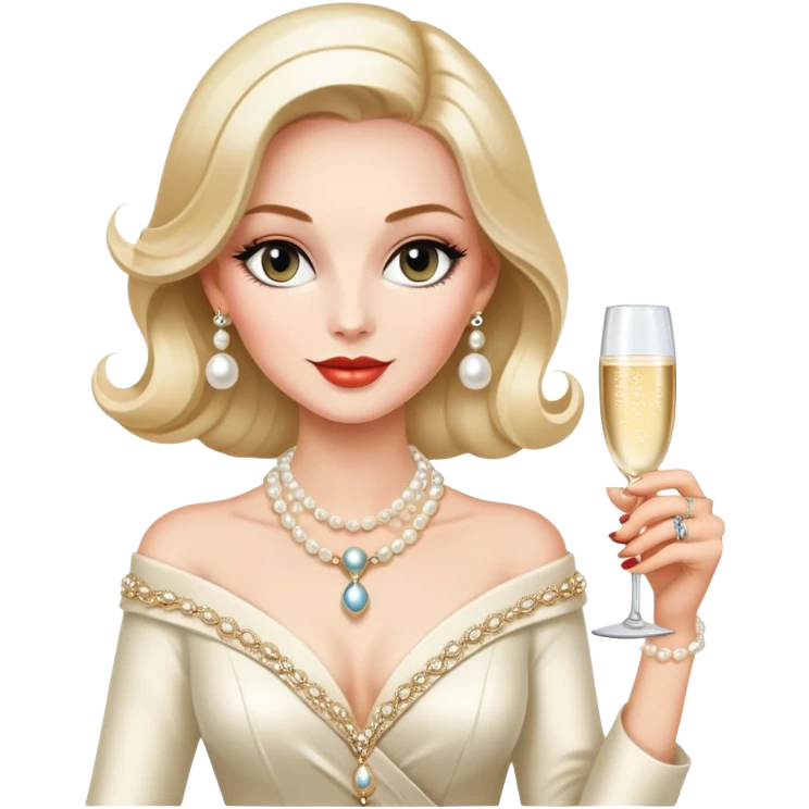 Elegant Western socialite with designer clothes, pearl necklace, champagne glass, luxury lifestyle emoji