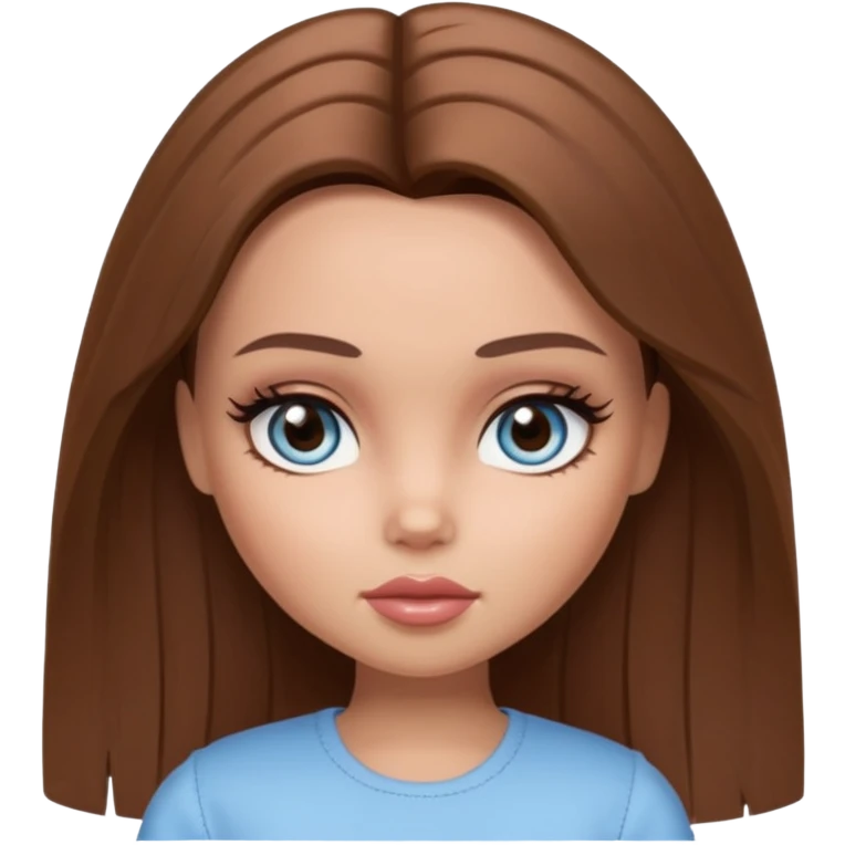 Pretty Bratz doll baddie, straight brown mid lenght hair, pale-tanned skin, natural makeup, light blue-grey eyes emoji