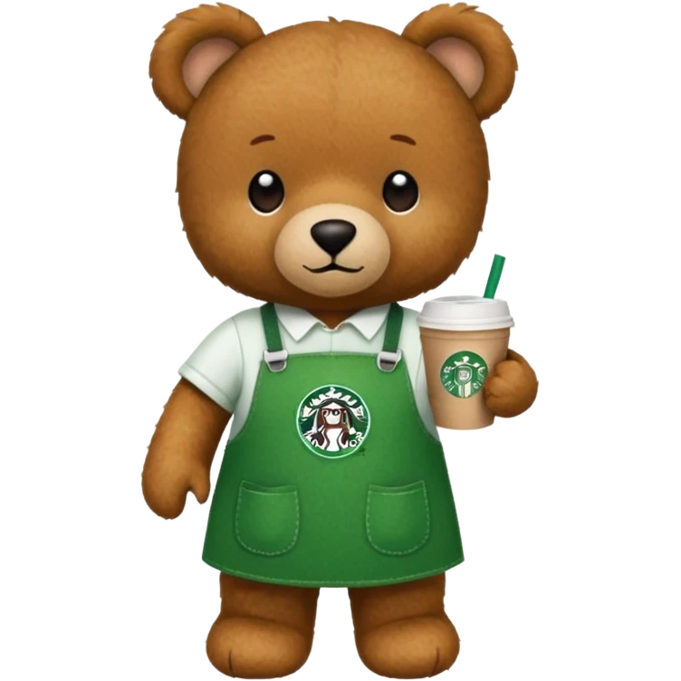 teddy bear wearing green apron with one cup of starbucks coffee emoji