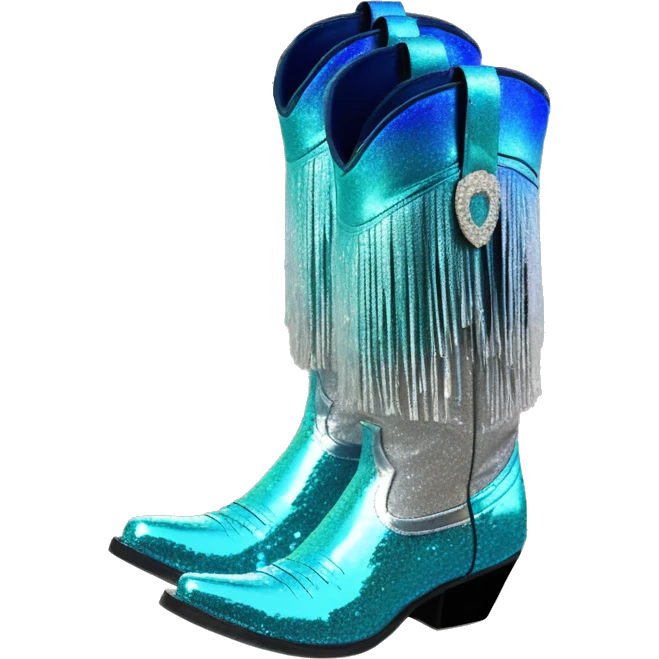 Realistic silver and peacock blue ombre pair of fashion cowgirl boots with sparkly shiny glitter fringe on them. emoji