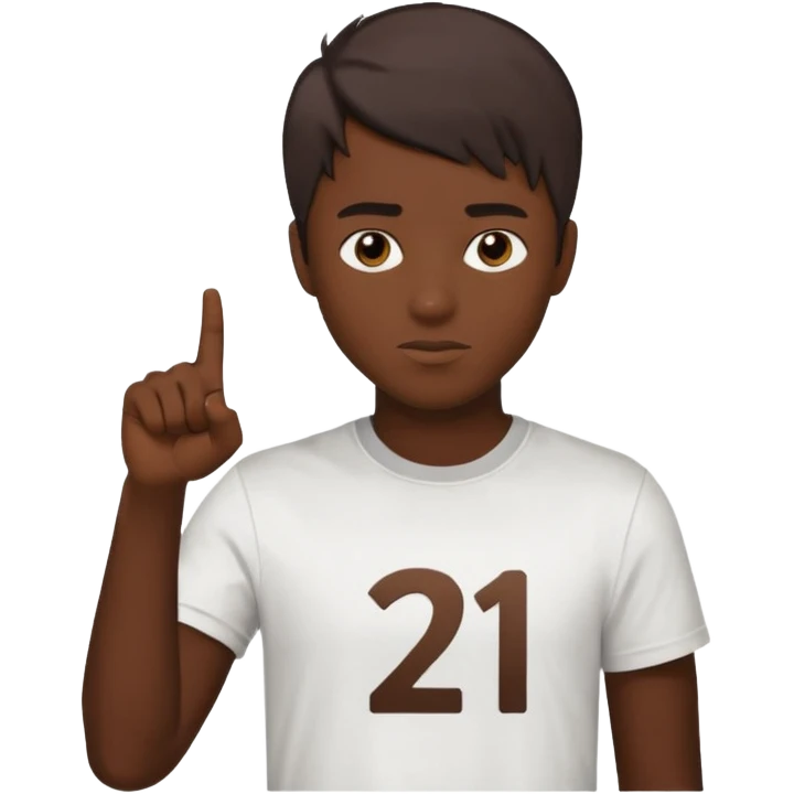 It says 21 with I kid (skin color dark chocolate with most of his hair cut off) pointing at 21 emoji