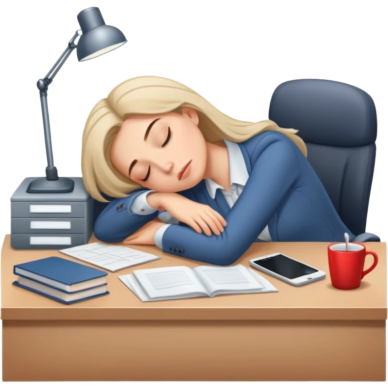 Exhausted office worker woman napping at desk emoji