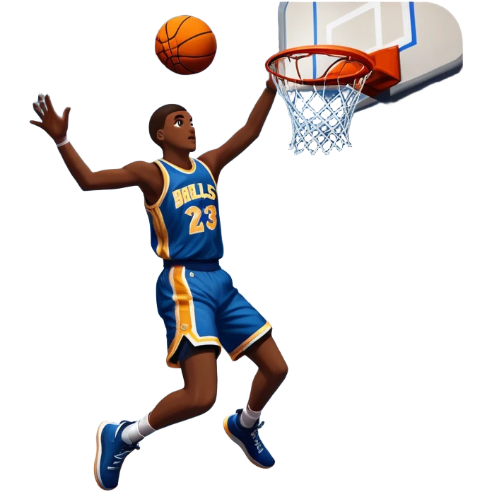 An icon featuring a basketball court with players in action, inspired by NBA 2K25. A player jumps for a dunk, with the ball mid-air. Bright lights illuminate the court, symbolizing the excitement of sports simulation games. Transparent background emphasizes the energy. emoji