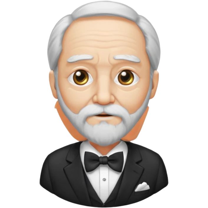 um sábio bem velho, cego de um olho, com barbas brancas e longas, usando um terno com gravata borboleta emoji