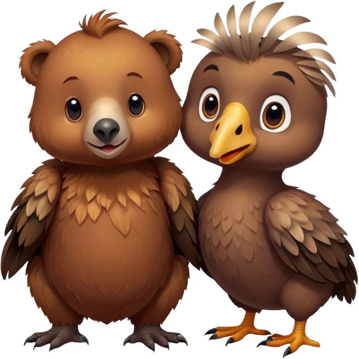 A cute realistic brown bear and a realistic cute dodo closely together emoji