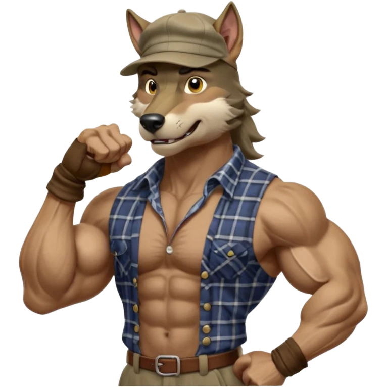 extremely super-duper hyper muscular wolf furry extremely exaggerated muscles with chiseled face, horse-length bullneck and an elongated snout, wearing a plaid dress shirt halfway buttoned, khaki dress slacks and very large newsboy cap on his head while flexing his bicep muscles emoji