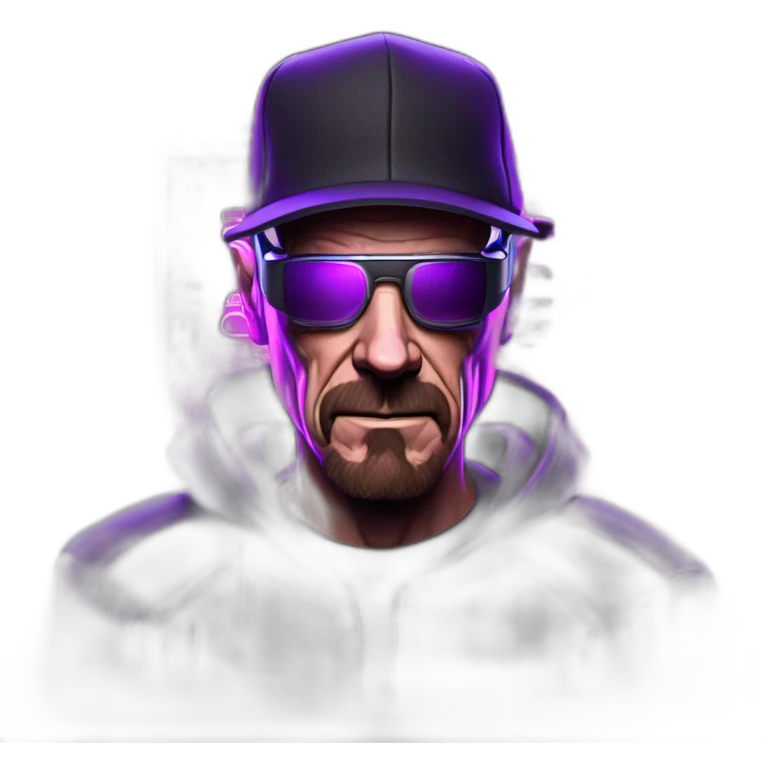 Walter White wearing a black hoodie with "OMG" letters on it and VR headset in a cyberpunk VR environment with violet neon lighting. emoji