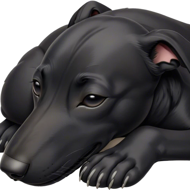 Meme-Worthy Cute Sleeping Black Greyhound Portrait Emoji, Head resting peacefully with a contented smile, showcasing a delightfully slender build and a luxuriously smooth black Fur, eyes shut in a serene nap, Simplified yet hilariously adorable features, highly detailed, glowing with a soft, drowsy light, high shine, relaxed and utterly lovable, stylized with an air of playful laziness, bright and heartwarming, soft glowing outline, capturing the essence of a comically sleepy racer, so meme-worthy it feels like it could instantly become the next viral sensation of adorable slumber! emoji