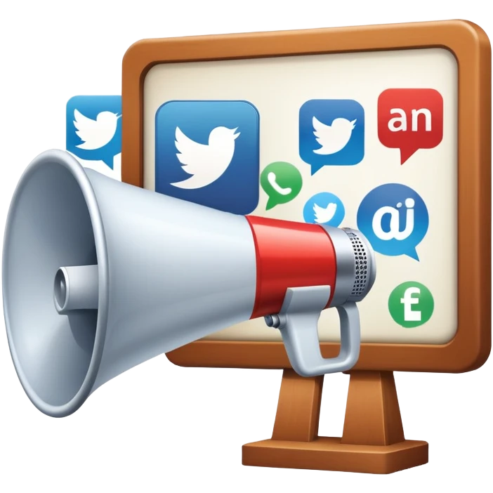 An icon featuring a megaphone, a billboard, and social media icons, symbolizing advertising and public relations. The design includes a press release and a rising graph, representing brand promotion and communication strategies. Transparent background highlights media influence and outreach. emoji