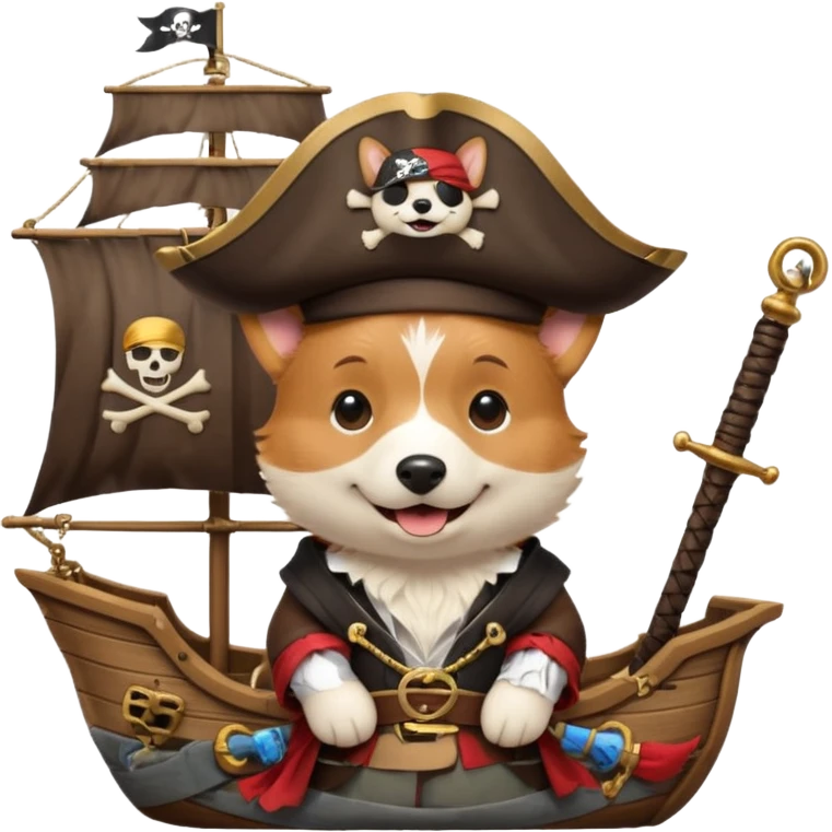cartoon corgi dressed as a pirate with a hat and eyepatch, on a wooden pirate ship emoji
