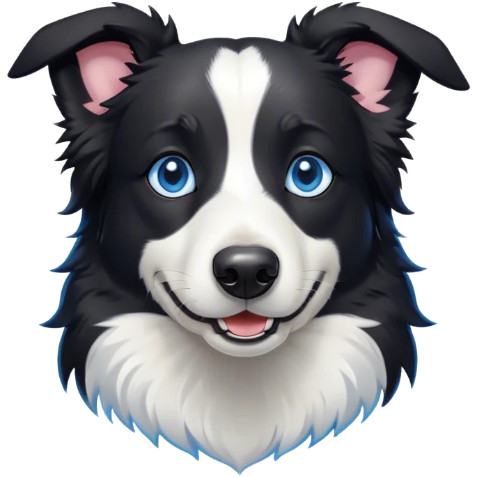 Cinematic Cute Black and White Border Collie Portrait Emoji, Head tilted playfully and inquisitively, with a sleek black and white coat and bright, sparkling blue eyes filled with curiosity, Simplified yet irresistibly adorable features, highly detailed, glowing with a warm, friendly glow, high shine, energetic and affectionate, stylized with a touch of whimsy, bright and endearing, soft glowing outline, capturing the essence of a mischievous yet loving pup, so playful it feels like it could bound out of the screen and into your arms! emoji
