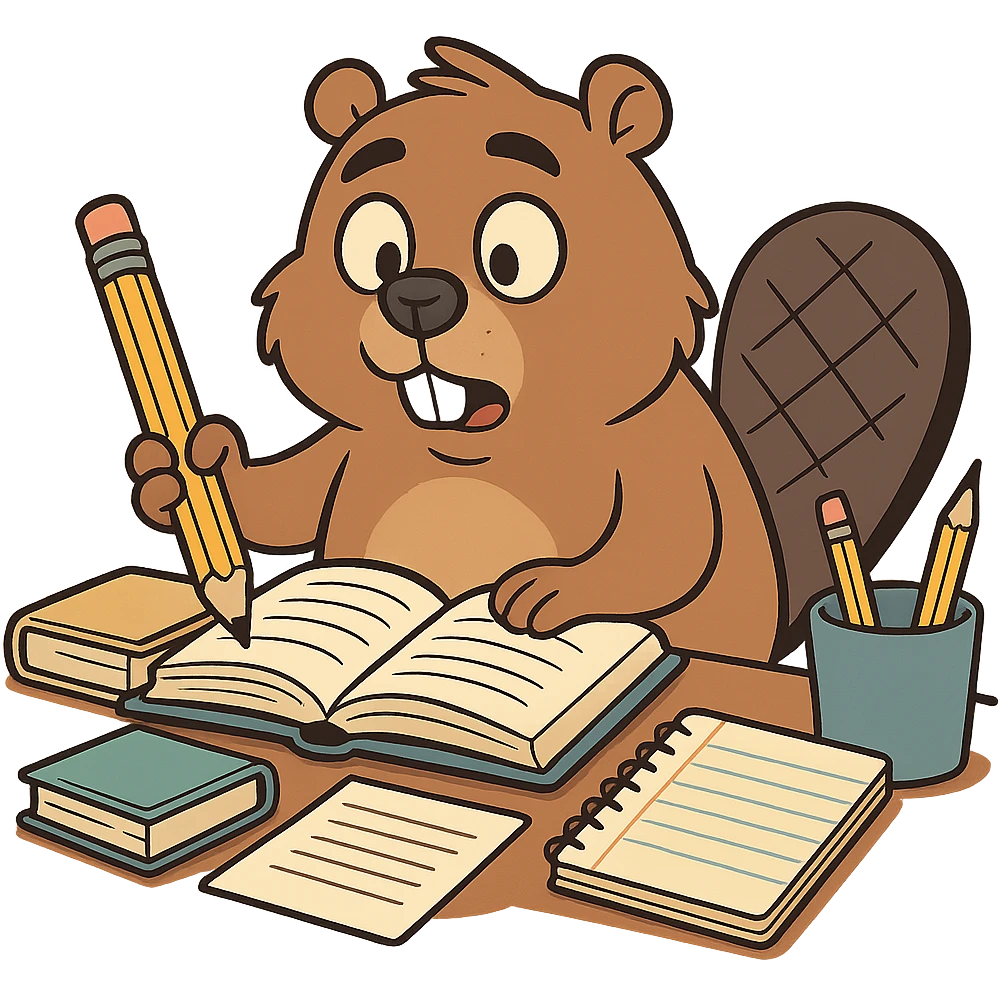 beaver with a pencil, surrounded by study materials emoji