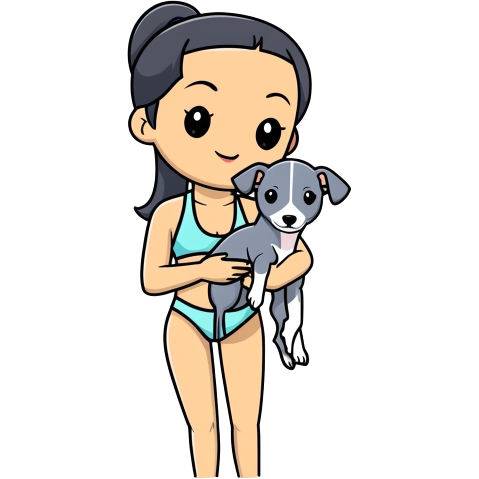 Slim Chinese woman with long black hair in appropriate pool attire at an indoor swimming pool with her Italian greyhound that is COMPLETELY solid grey, with absolutely NO white markings anywhere, single uniform grey color throughout entire dog body emoji
