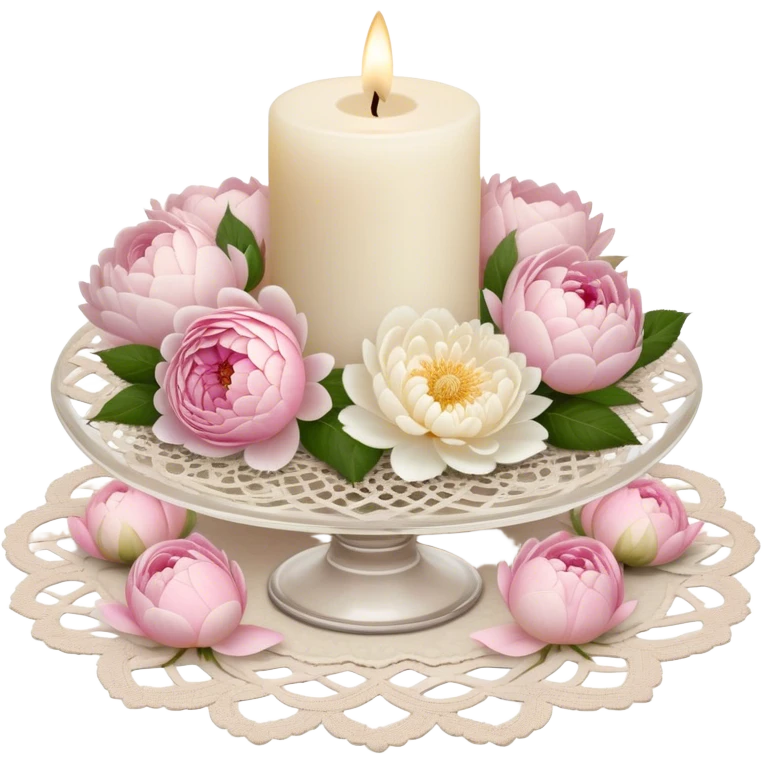A small ivory wax candle in an ornate glass holder, placed on an antique lace doily, surrounded by loose soft pink rose petals, delicate white peonies, and blush dahlias, casting a warm, vintage glow.
 emoji