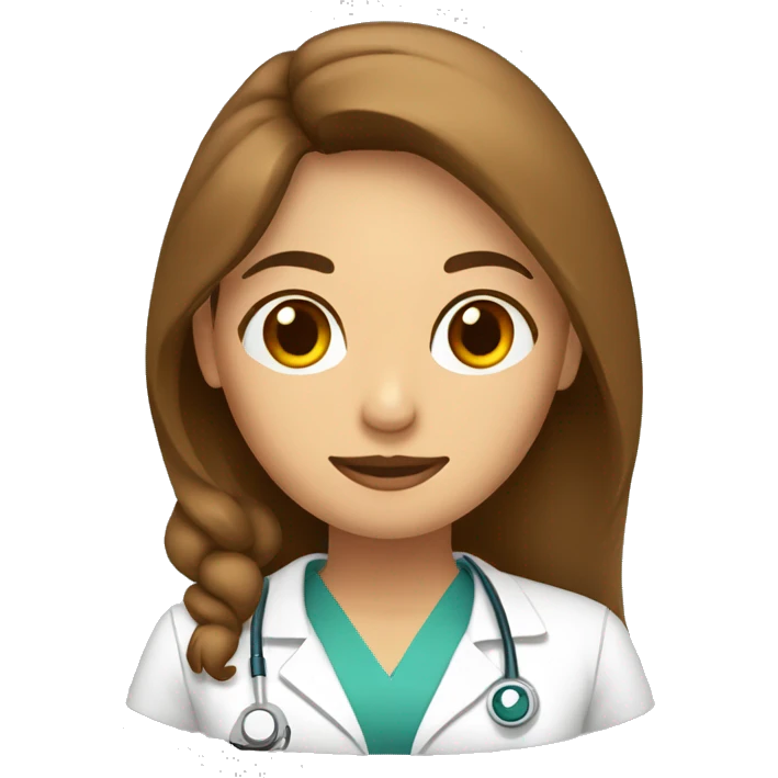 mujer medico de pelo marron y largo. Con ojos marrones. emoji