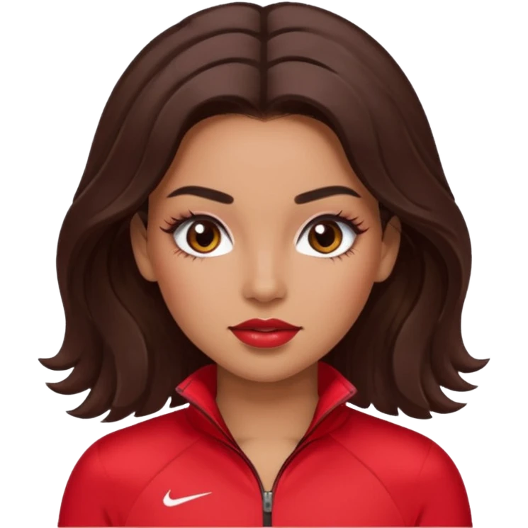 girl in red sportswear with lashes, lipgloss and blush and hair out, brown dark hair straight and a bit wavy  emoji