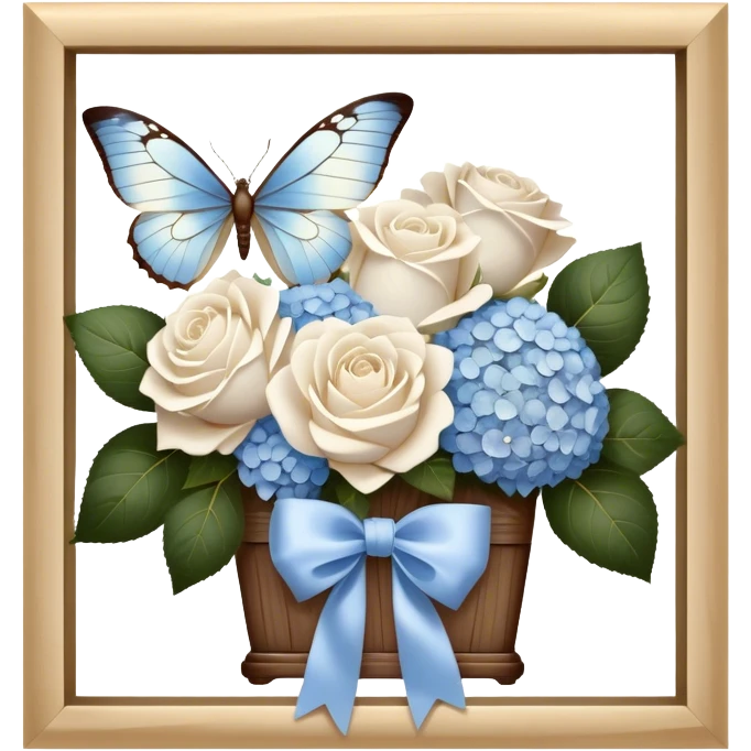 An antique wooden windowsill adorned with an elegant arrangement of white roses and soft blue hydrangeas. A silk bow in muted beige is loosely tied around the bouquet, while a translucent butterfly with pearlescent wings delicately lands on the petals. emoji
