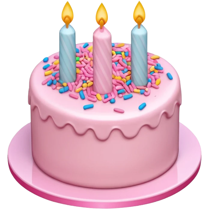 Draw a birthday cake with pink cream and topping on the top side using an isometric camera with a High-Angle Shot. emoji
