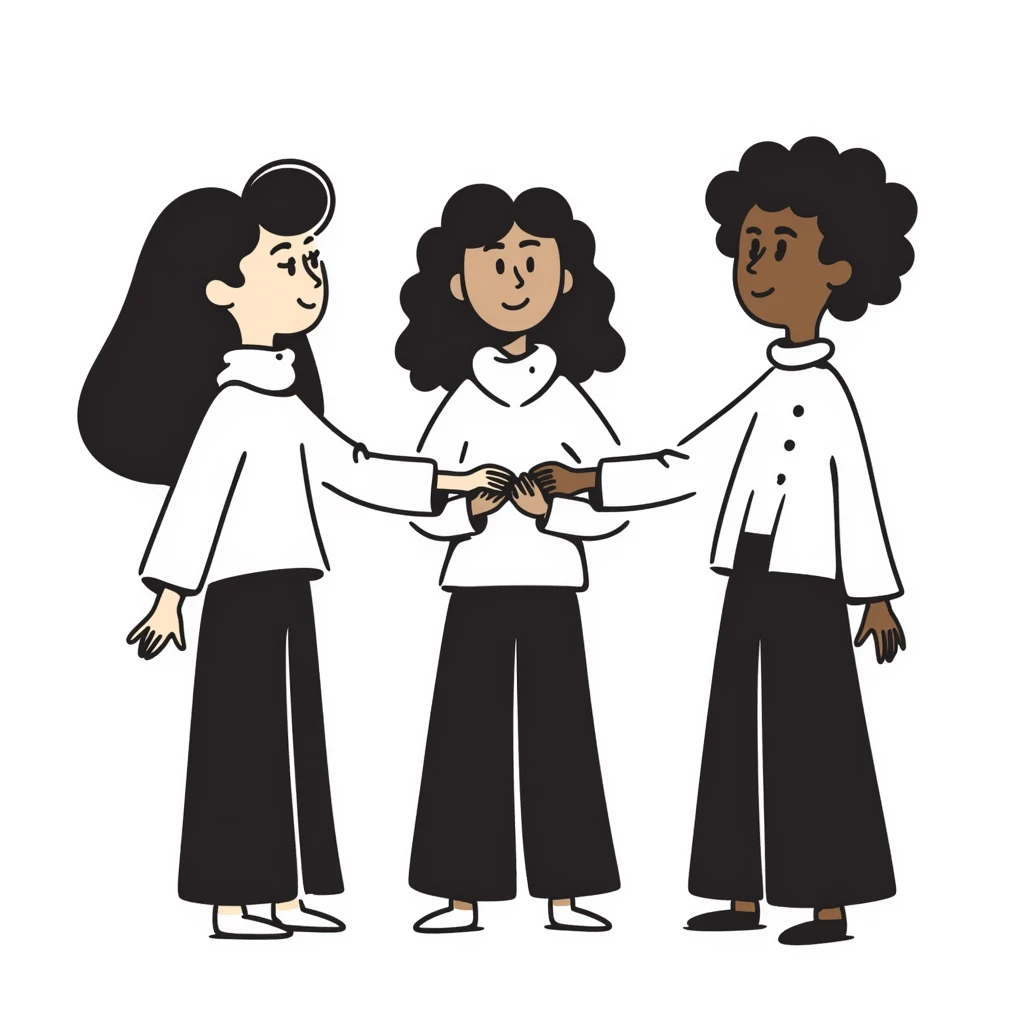 Three diverse people with different skin colors holding hands in solidarity, symbolizing racial integration and unity emoji